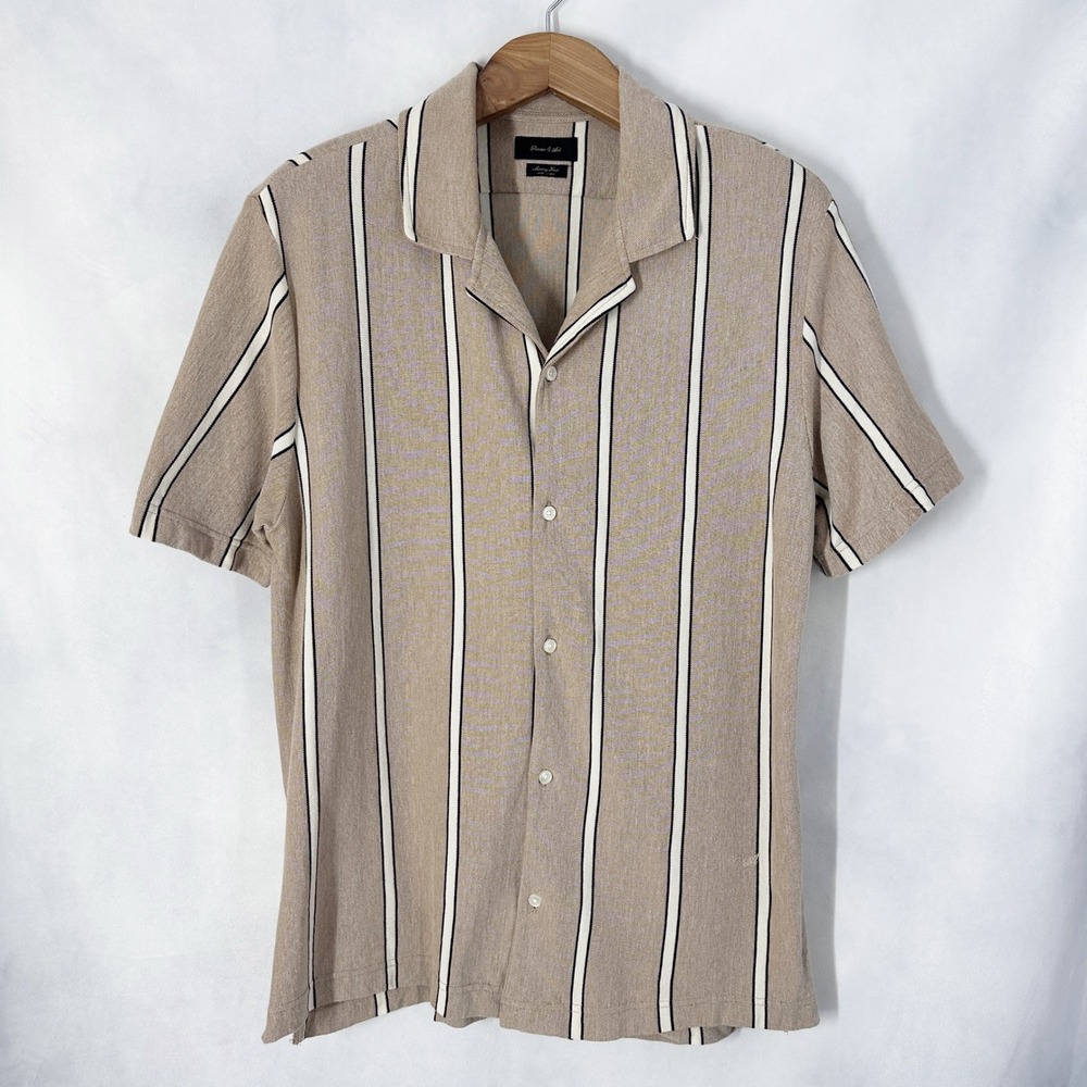 Porter & Ash Short Sleeve Striped Tan Linen Button Down Shirt Mens Size XL
